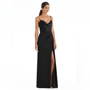 Cowl-Neck Draped Wrap Maxi Dress with Front Slit